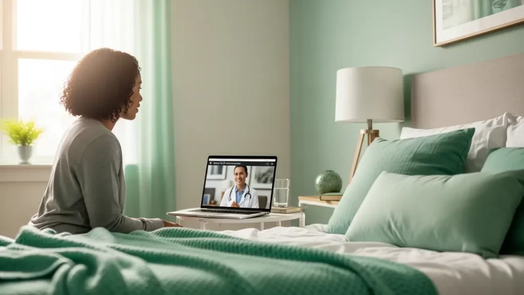 Adult discussing herpes symptoms with online doctor from home