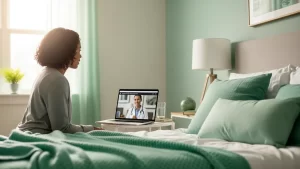 Adult discussing herpes symptoms with online doctor from home