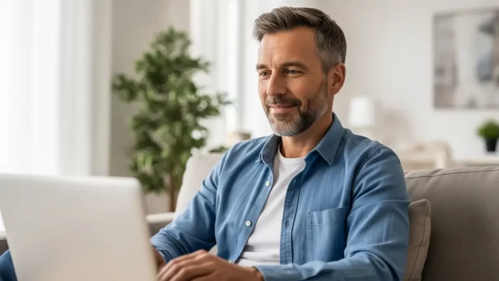 Man completing an online premature ejaculation treatment consultation from home