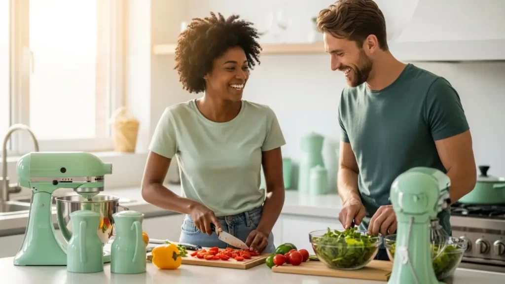 Couple preparing a healthy meal together as part of their semaglutide weight loss treatment plan