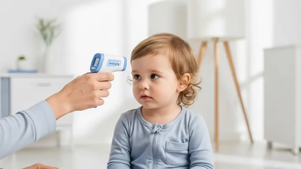 Parent using thermometer to check fever, common acute illness symptom in young children