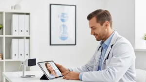 Doctor explaining flu shot myths and facts to patient via telehealth online consultation