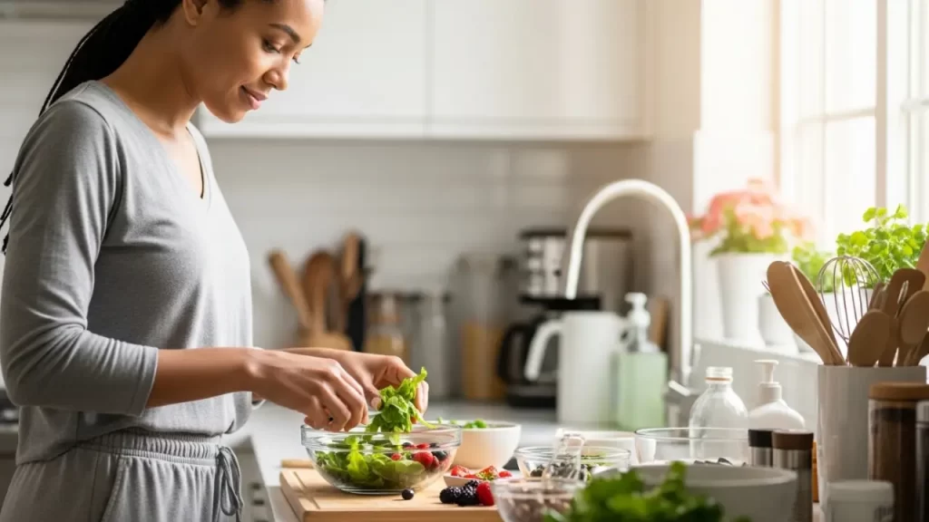 Person preparing a healthy meal to support nutrition and mental health daily habits