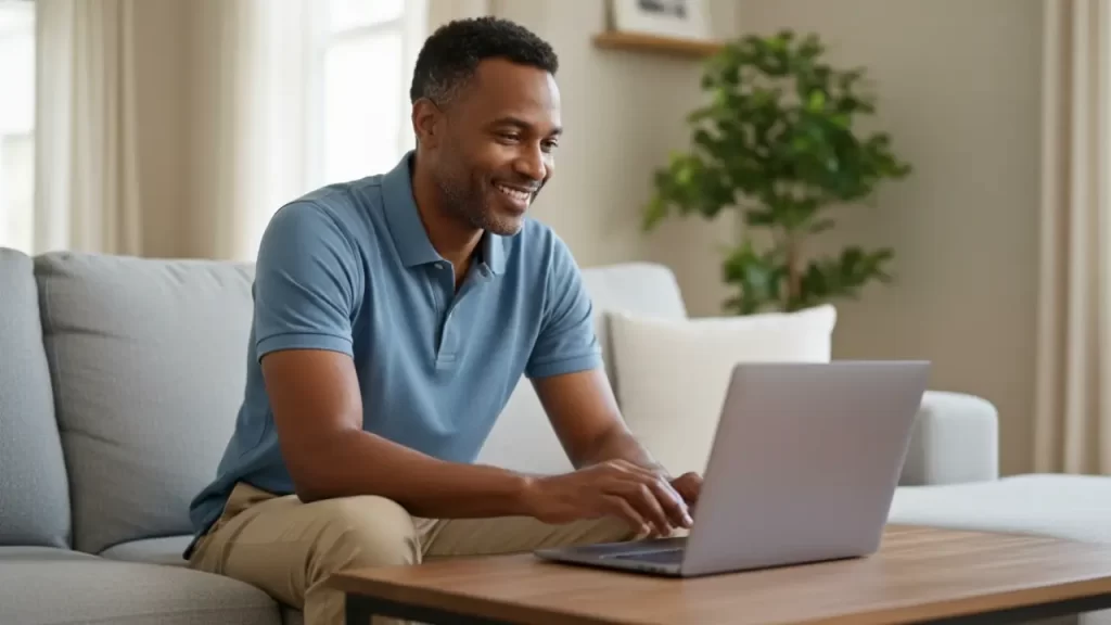 Man doing online weight loss telehealth consultation on laptop from home