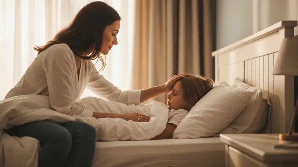 Parent checking child's fever at home, recognizing acute illness symptoms in children