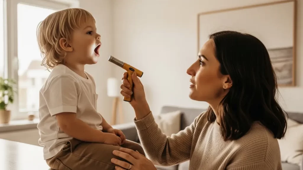 Parent checking child's throat for strep, common acute illness signs in school-age children