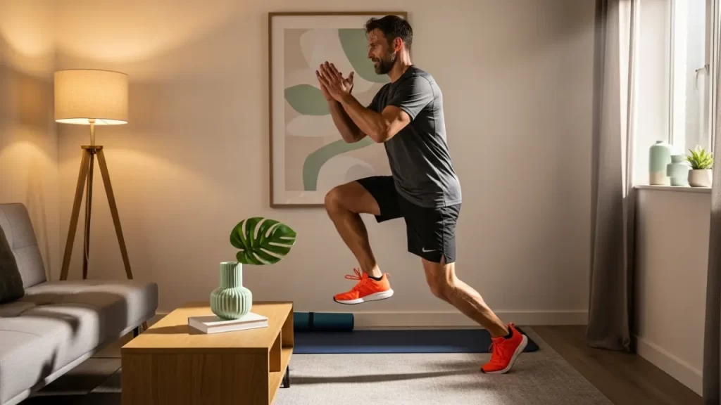  Man doing quick HIIT workout at home as weight loss strategy for busy lifestyle