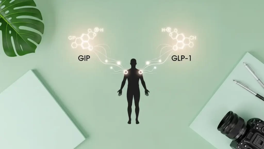 Illustration showing tirzepatide targeting GIP and GLP-1 hormones for weight loss
