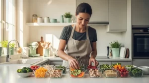Woman meal prepping healthy food for busy week weight management strategy