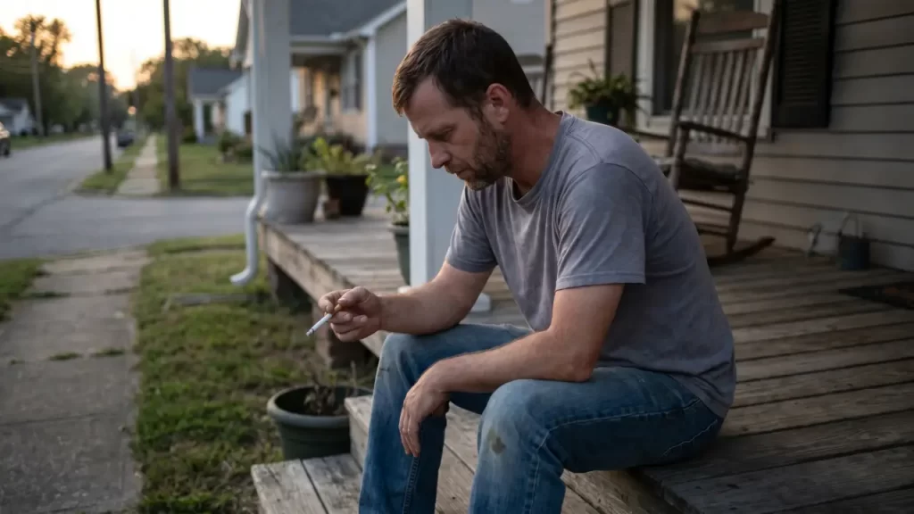A man sitting on a porch step holding an unlit cigarette looking thoughtful representing the reality of a smoking slip-up and starting over