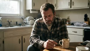 A man sitting at a kitchen table holding a cigarette with a conflicted expression thinking about how to quit smoking