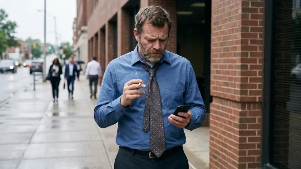 A stressed man smoking a cigarette outside his office building representing common smoking triggers like work stress