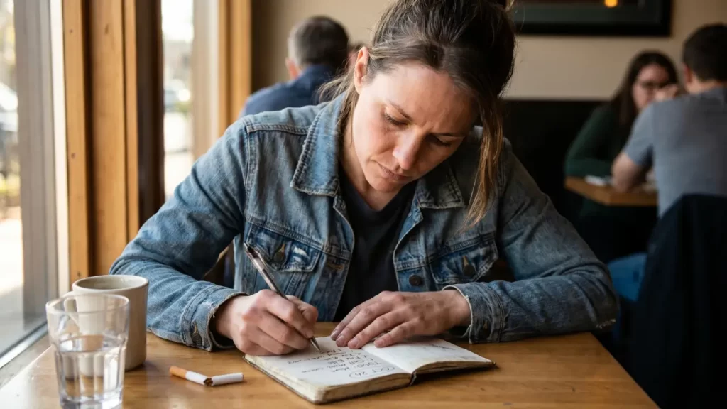 A woman writing a quit smoking plan in a notebook at a coffee shop with a broken cigarette on the table beside her