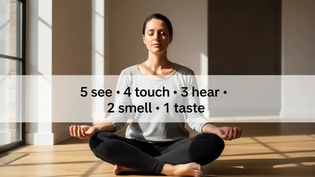 An instructional graphic showing a woman in a meditative pose with a text overlay explaining the 5-4-3-2-1 grounding technique: 5 see, 4 touch, 3 hear, 2 smell, and 1 taste for managing anxiety and chronic illness stress.