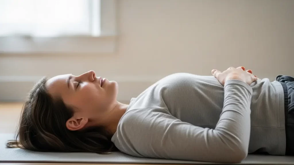A woman lying flat on a yoga mat practicing a mindfulness body scan, with her eyes closed and hands resting gently on her stomach for deep relaxation.