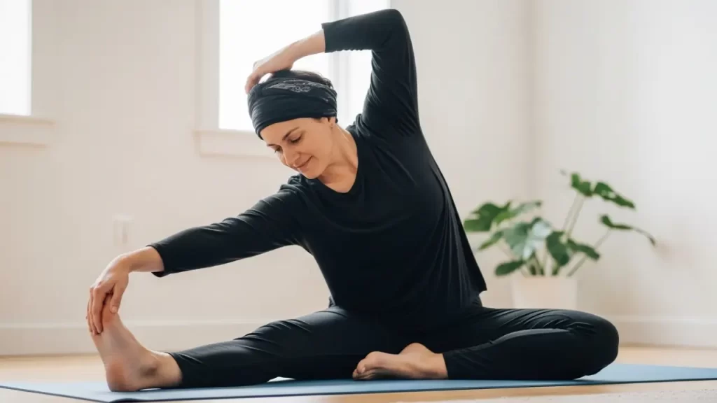 A woman practicing gentle yoga on a blue mat, performing a seated side stretch and reaching toward her foot to improve flexibility and reduce inflammation as part of a chronic illness wellness routine.