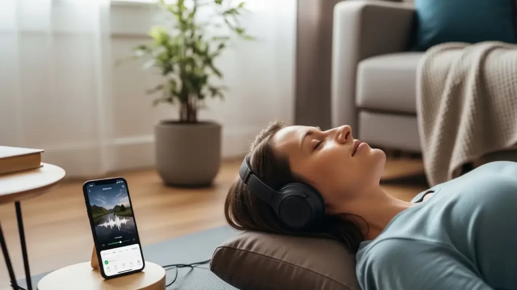 A woman lying comfortably on a floor mat with headphones on, eyes closed in a relaxed state while using a smartphone meditation app to listen to a guided session for stress relief.