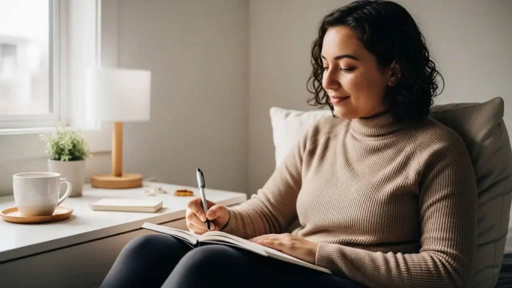 A young woman sitting comfortably in a cozy room, smiling slightly while writing in a journal as part of a mindful journaling practice to improve emotional resilience and mental clarity.