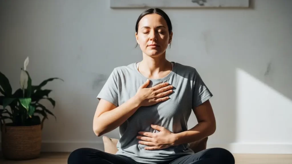 A woman practicing diaphragmatic breathing for stress relief, sitting cross-legged with eyes closed and hands placed on her chest and abdomen in a bright, sunlit room.