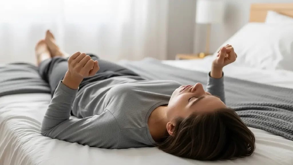 A woman lying on a bed practicing progressive muscle relaxation (PMR), tensing her fists and arm muscles with eyes closed to release physical tension and manage chronic pain.
