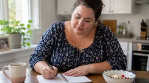 Woman tracking calories at kitchen counter wondering why she is not losing weight