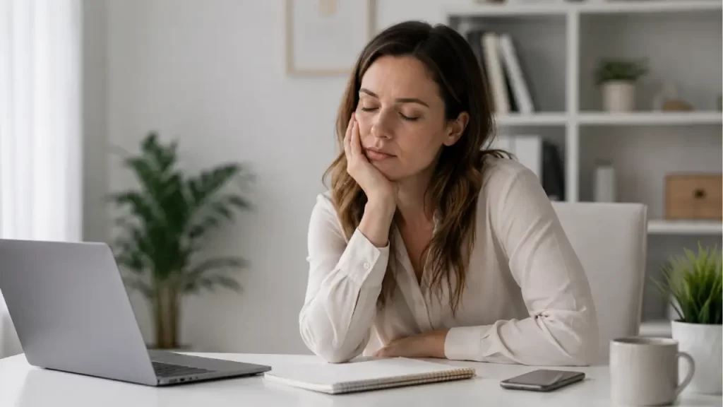 Stressed woman experiencing cortisol-related weight gain despite eating less