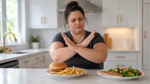 Woman eating less still gaining weigh healthy meal kitchen