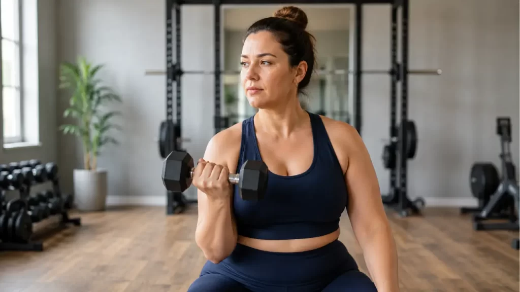 Woman strength training to boost metabolism and stop gaining weight while eating less